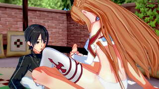 Kirito gets a నోటితో మొడ్ఢ చీకడం నుండి Asuna, అప్పుడు fucks her hard on the bed.